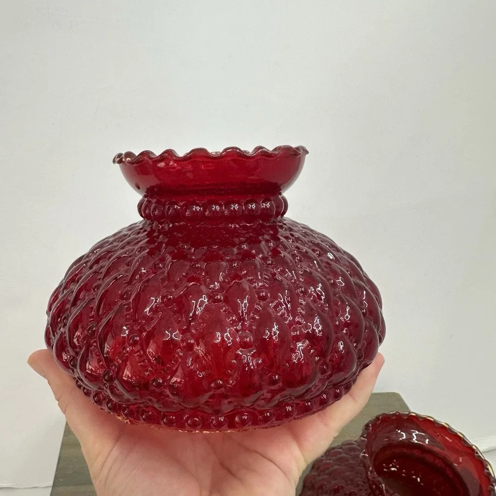 Vtg Fenton Ruby Red Glass Lamp Shade Quilted Beaded Ruffled 4.5